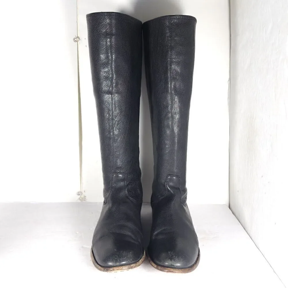 FRYE Women's Melissa Back Zip US 7,5B Black Leather Button Tall Riding Boots